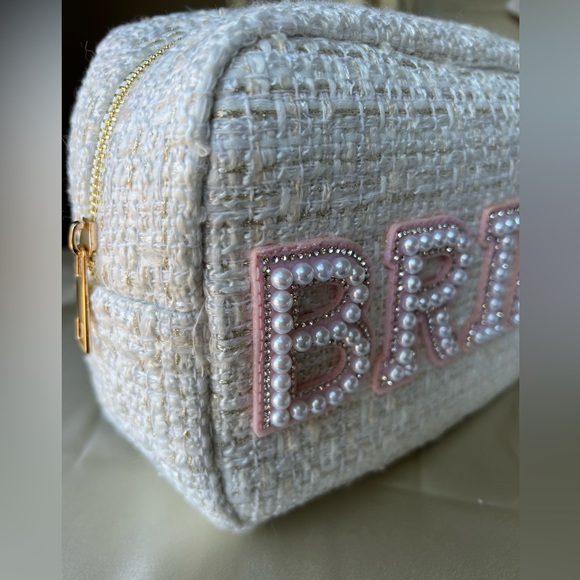 Large Tweed Bride Cosmetic Bag w/ Pearl & Rhinestone Personalized Letter Patches - Picture 4 of 10